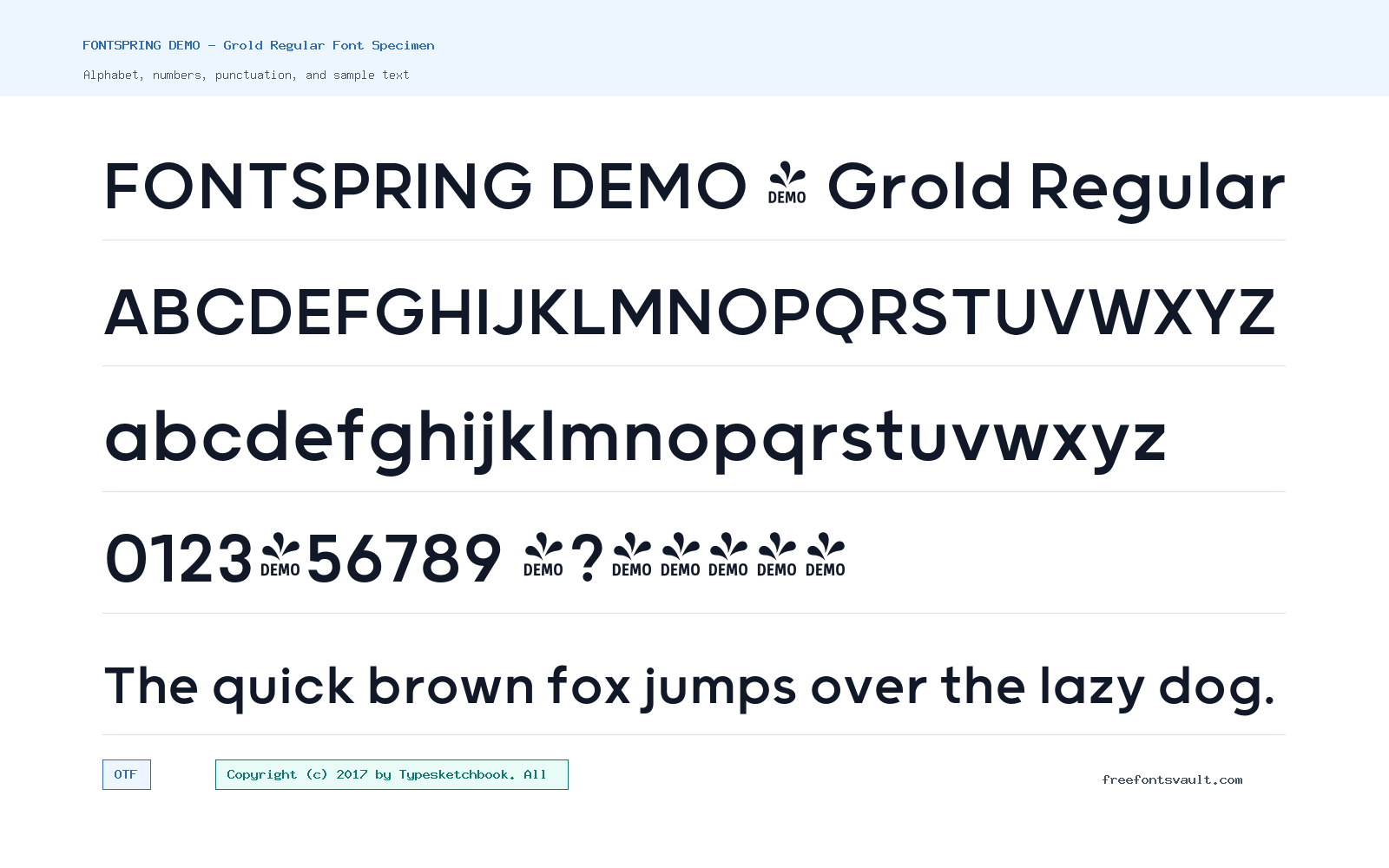FONTSPRING DEMO - Grold Regular font specimen showing alphabet, numbers, and sample text