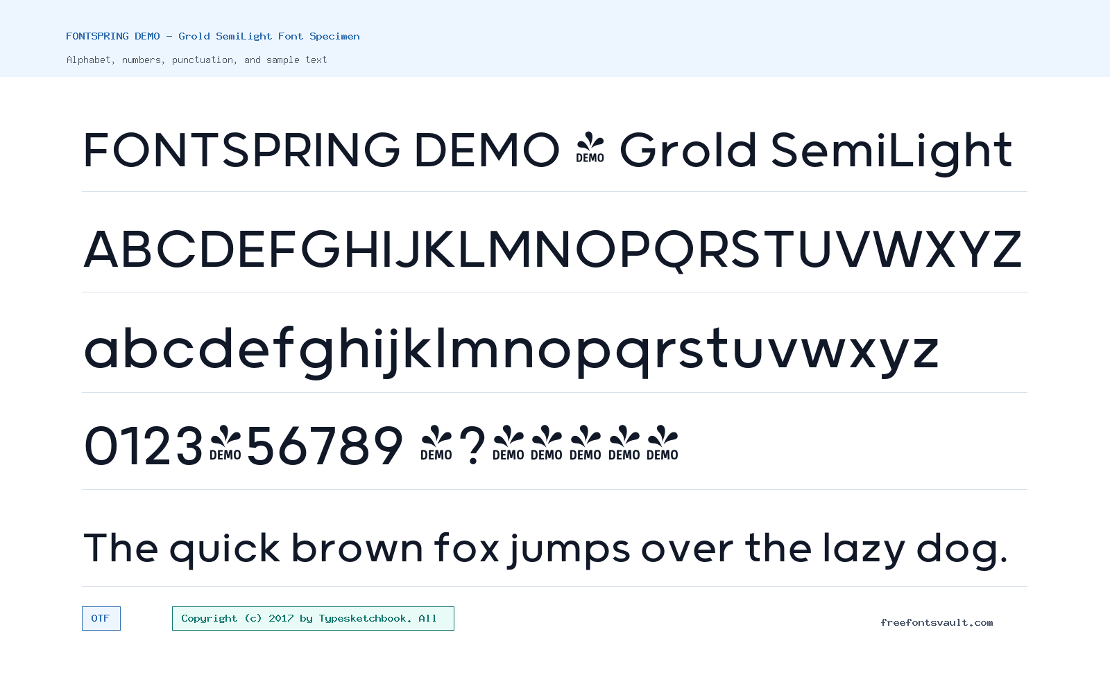 FONTSPRING DEMO - Grold SemiLight font specimen showing alphabet, numbers, and sample text