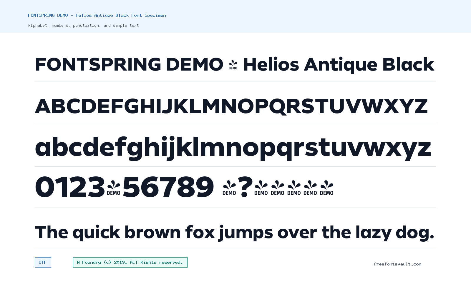 FONTSPRING DEMO - Helios Antique Black font specimen showing alphabet, numbers, and sample text