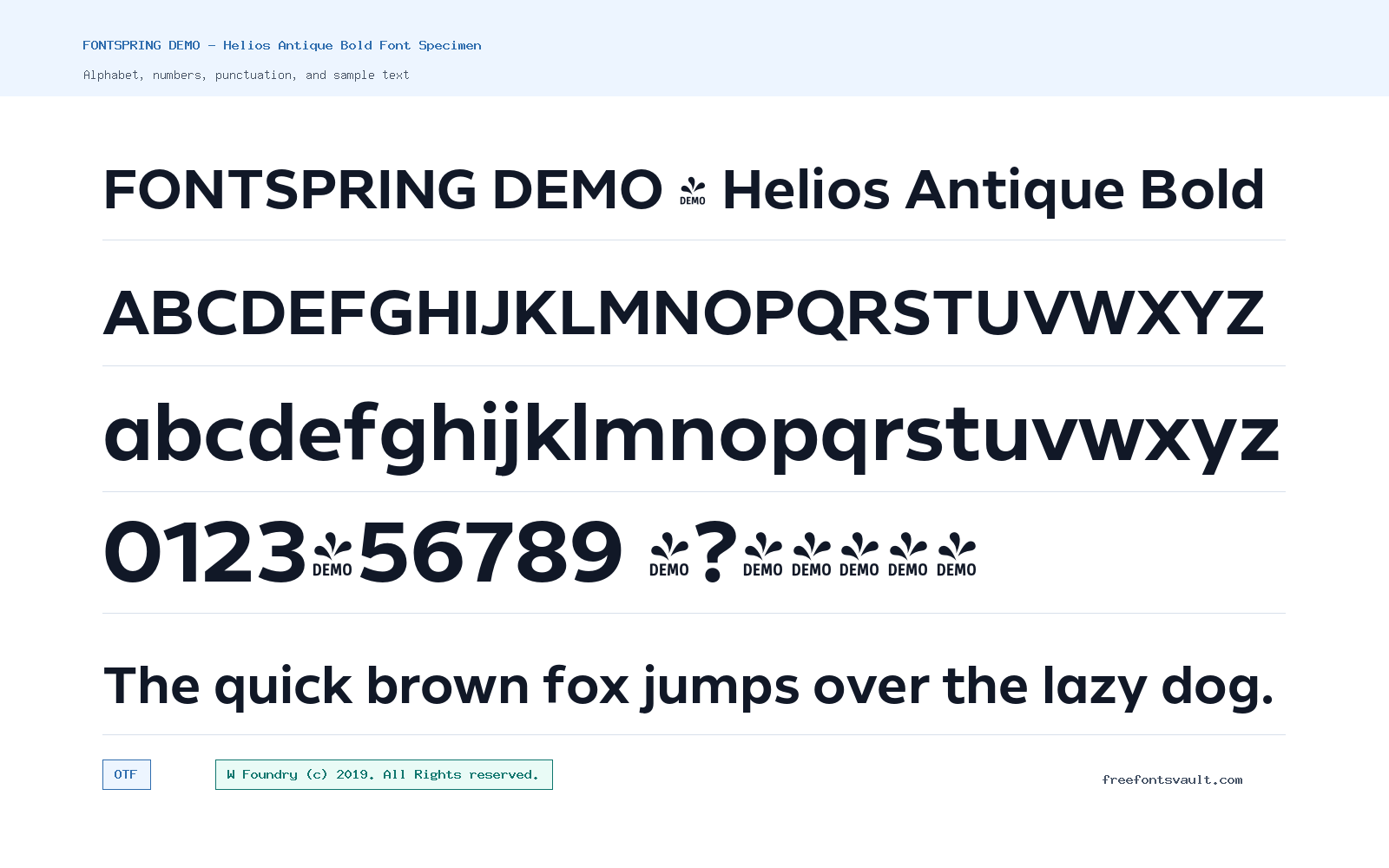 FONTSPRING DEMO - Helios Antique Bold font specimen showing alphabet, numbers, and sample text