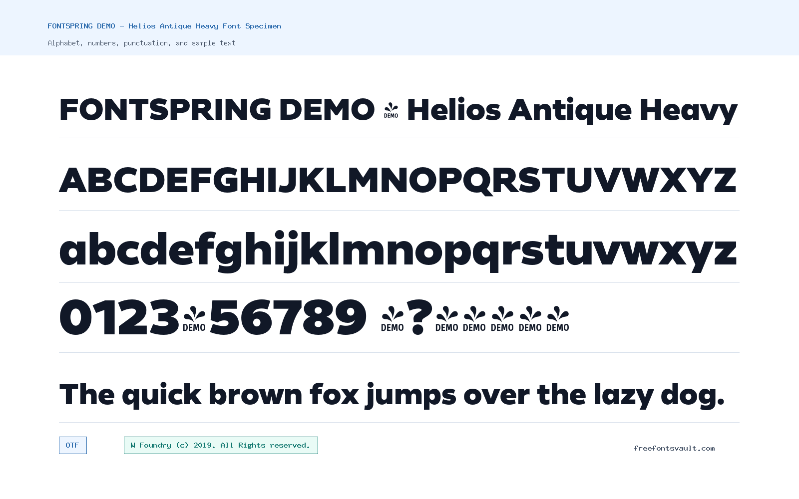 FONTSPRING DEMO - Helios Antique Heavy font specimen showing alphabet, numbers, and sample text