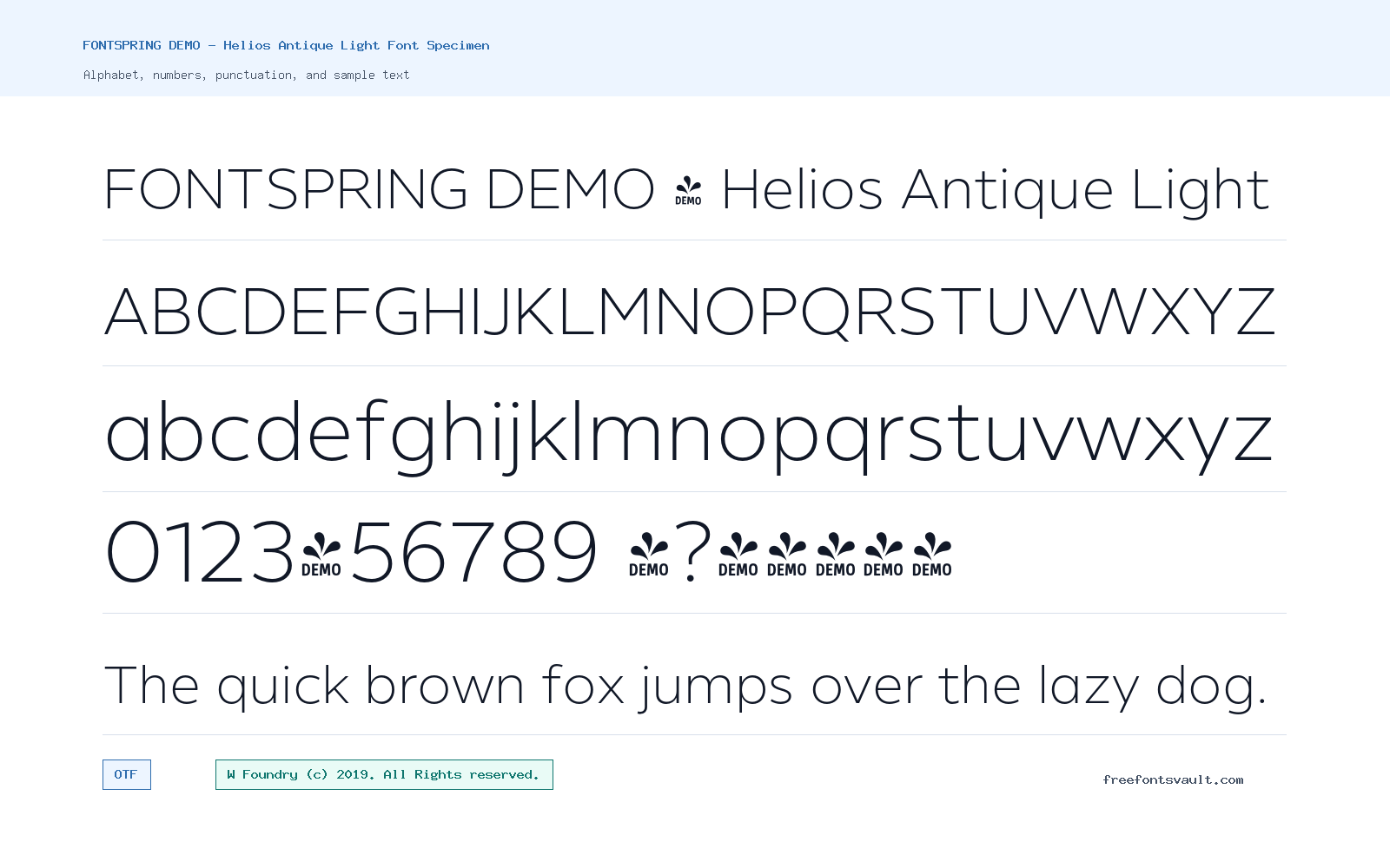 FONTSPRING DEMO - Helios Antique Light font specimen showing alphabet, numbers, and sample text