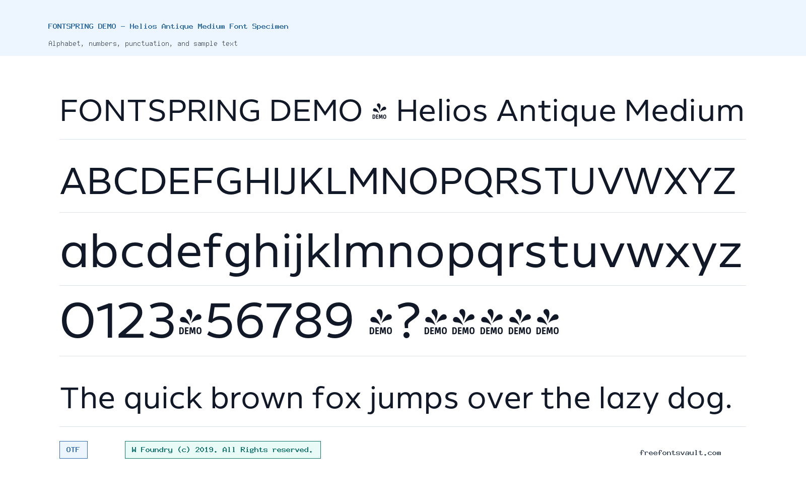FONTSPRING DEMO - Helios Antique Medium font specimen showing alphabet, numbers, and sample text