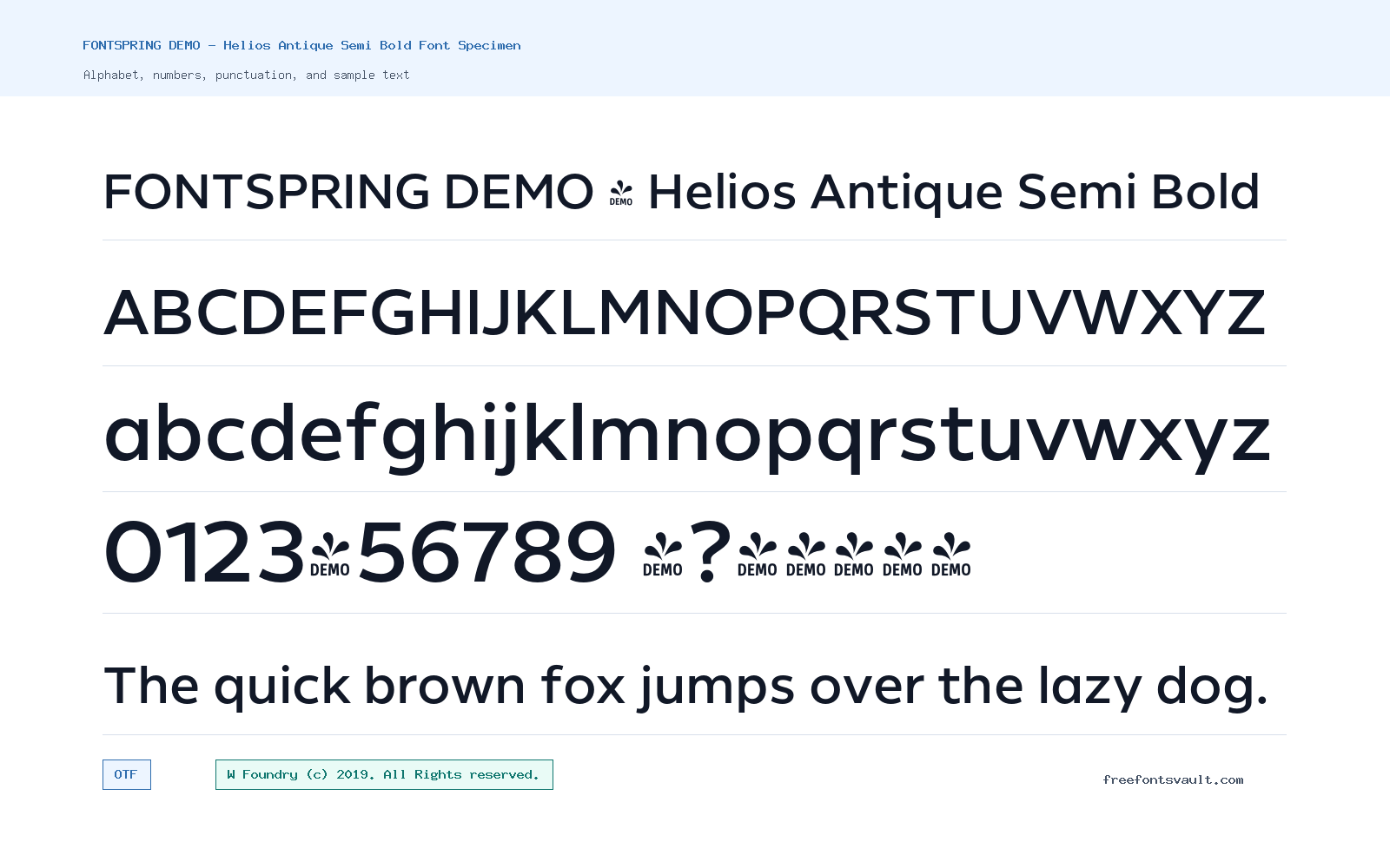 FONTSPRING DEMO - Helios Antique Semi Bold font specimen showing alphabet, numbers, and sample text