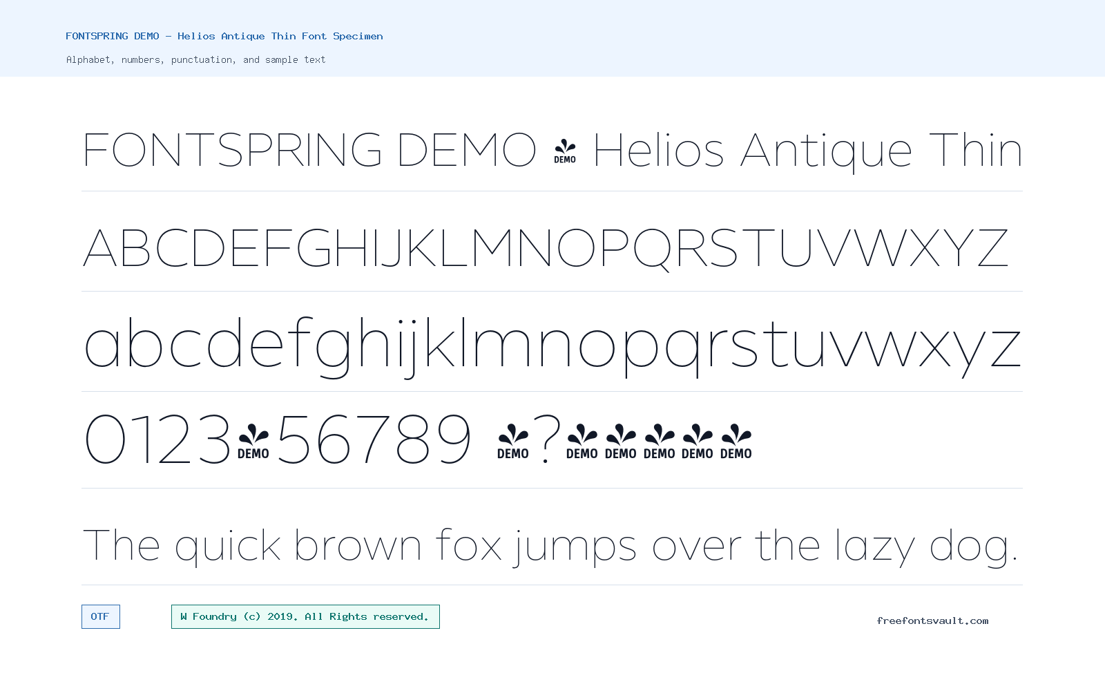 FONTSPRING DEMO - Helios Antique Thin font specimen showing alphabet, numbers, and sample text