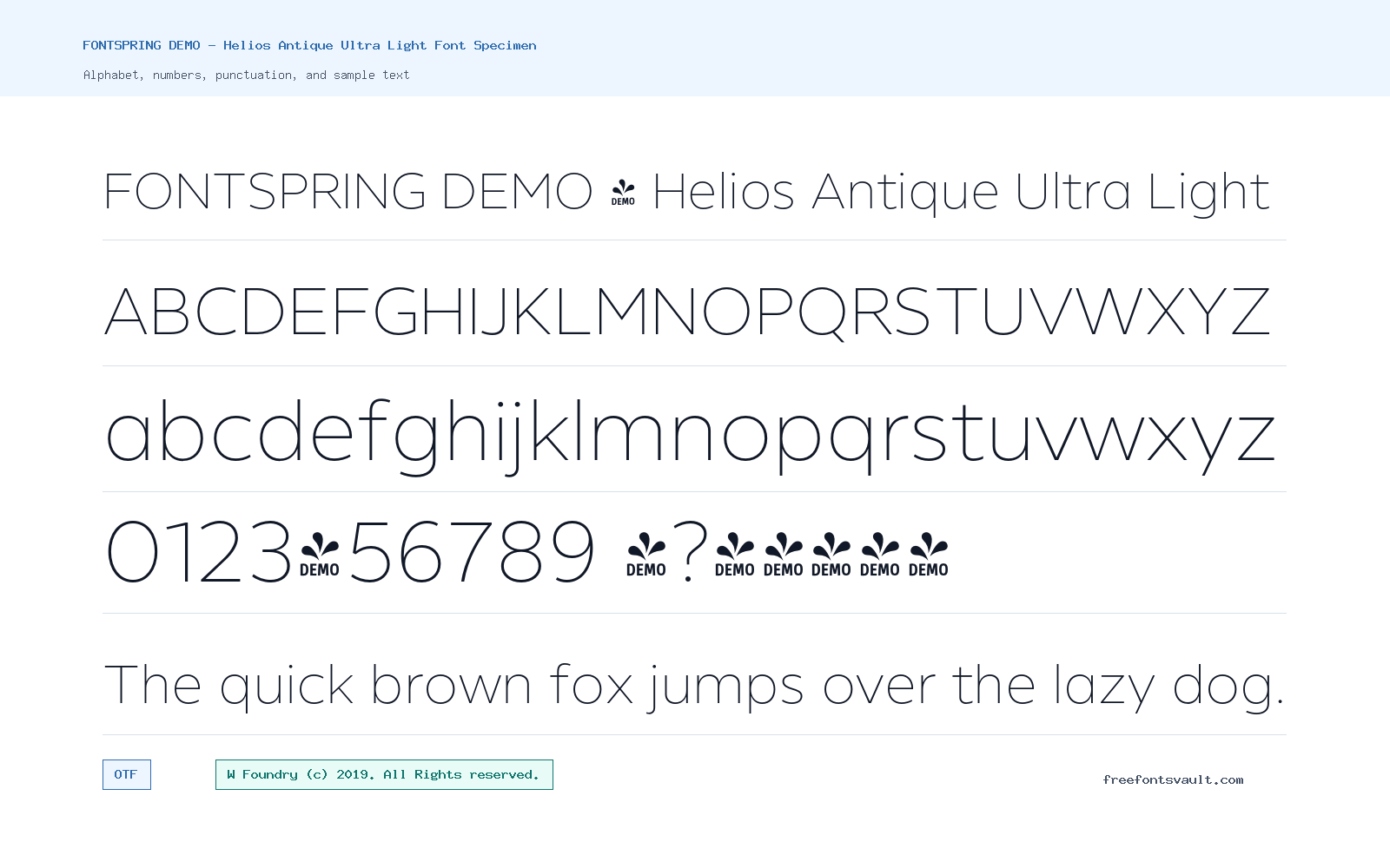 FONTSPRING DEMO - Helios Antique Ultra Light font specimen showing alphabet, numbers, and sample text
