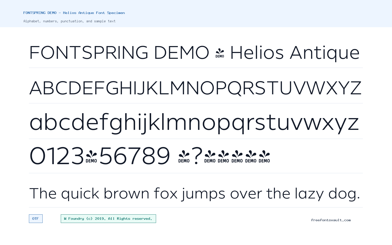FONTSPRING DEMO - Helios Antique font specimen showing alphabet, numbers, and sample text