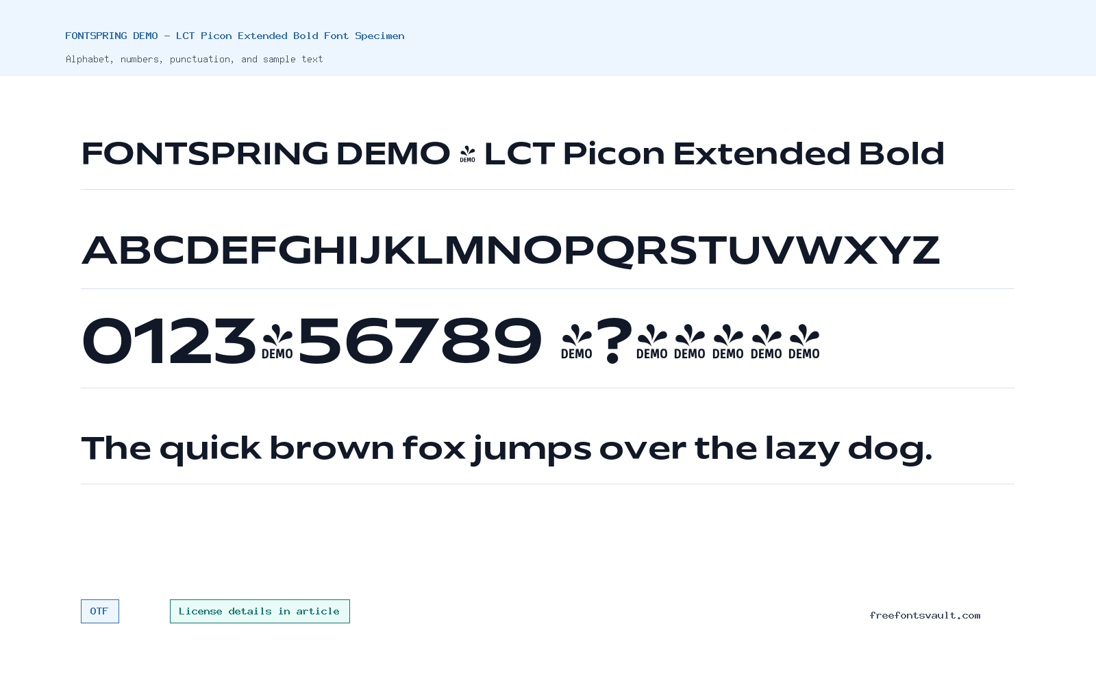 FONTSPRING DEMO - LCT Picon Extended Bold font specimen showing alphabet, numbers, and sample text