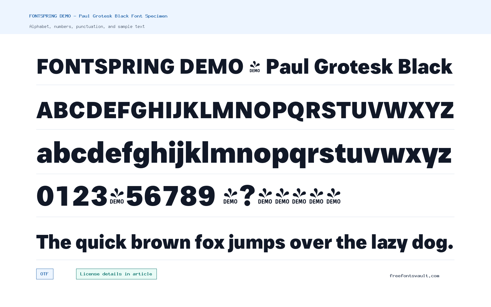 FONTSPRING DEMO - Paul Grotesk Black font specimen showing alphabet, numbers, and sample text