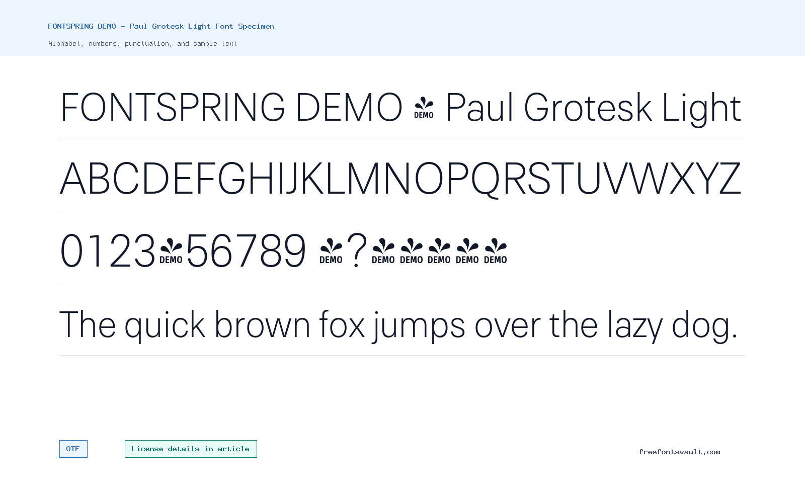 FONTSPRING DEMO - Paul Grotesk Light font specimen showing alphabet, numbers, and sample text