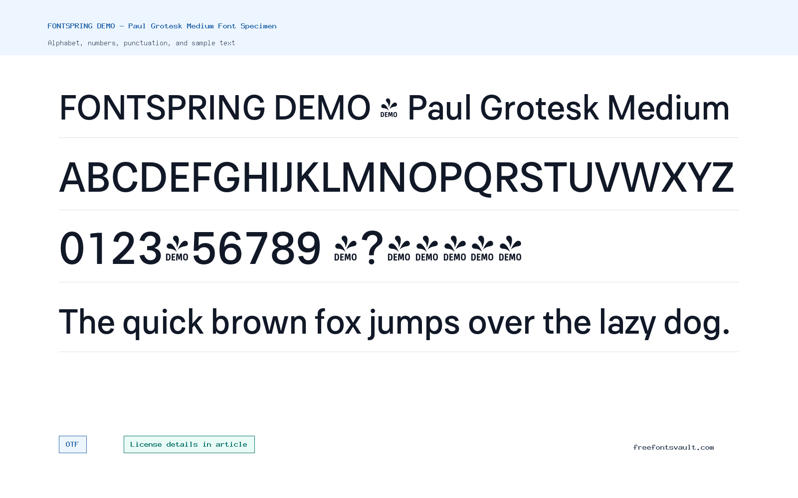 FONTSPRING DEMO - Paul Grotesk Medium font specimen showing alphabet, numbers, and sample text