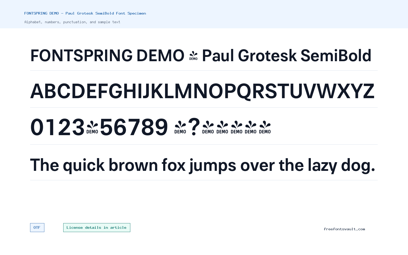 FONTSPRING DEMO - Paul Grotesk SemiBold font specimen showing alphabet, numbers, and sample text