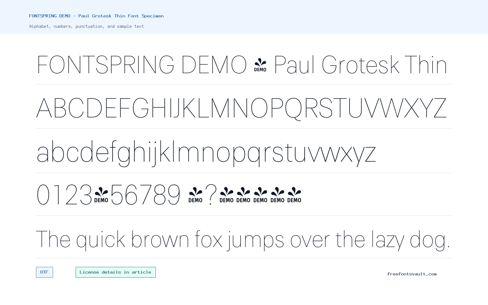 FONTSPRING DEMO - Paul Grotesk Thin font specimen showing alphabet, numbers, and sample text