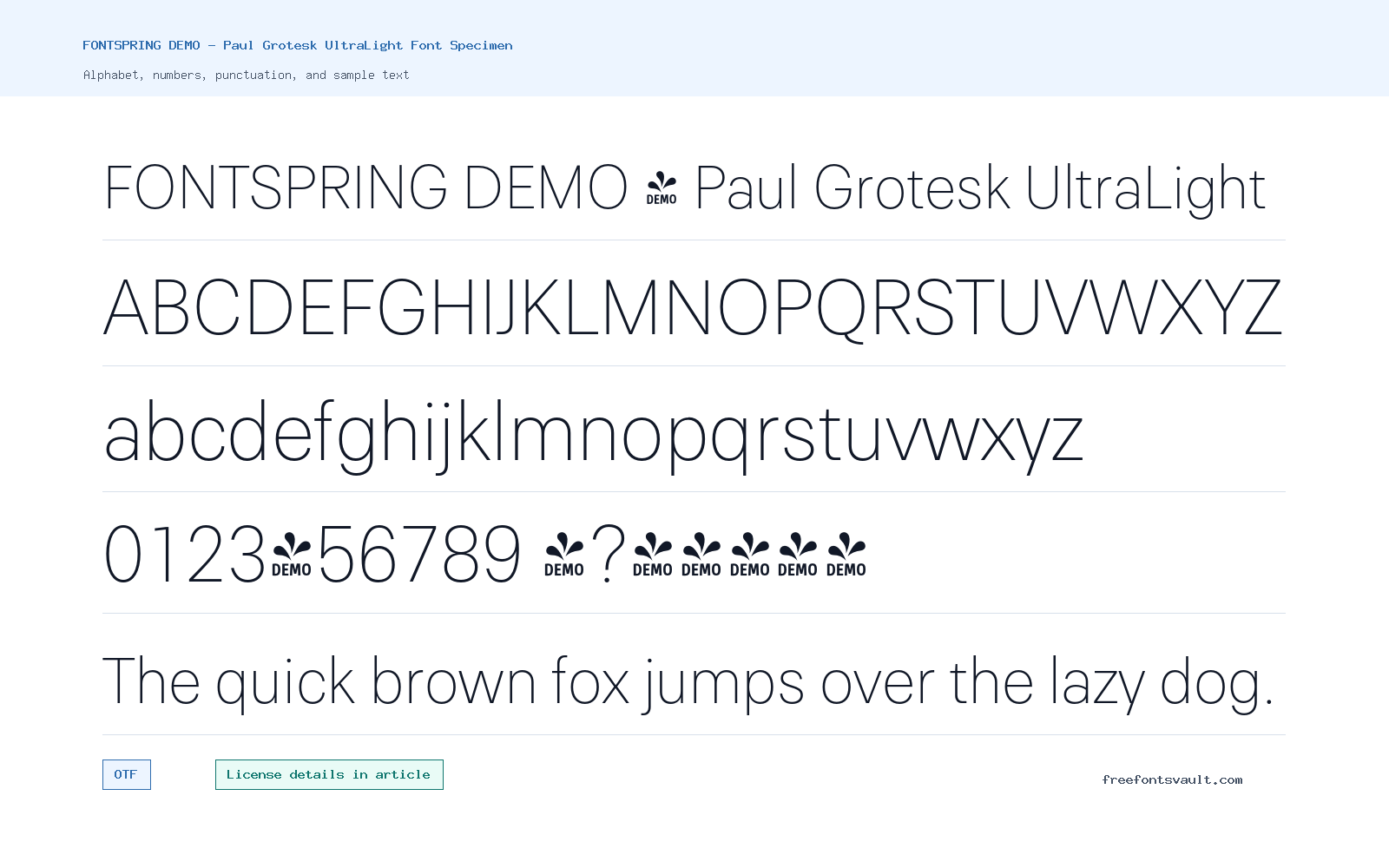 FONTSPRING DEMO - Paul Grotesk UltraLight font specimen showing alphabet, numbers, and sample text