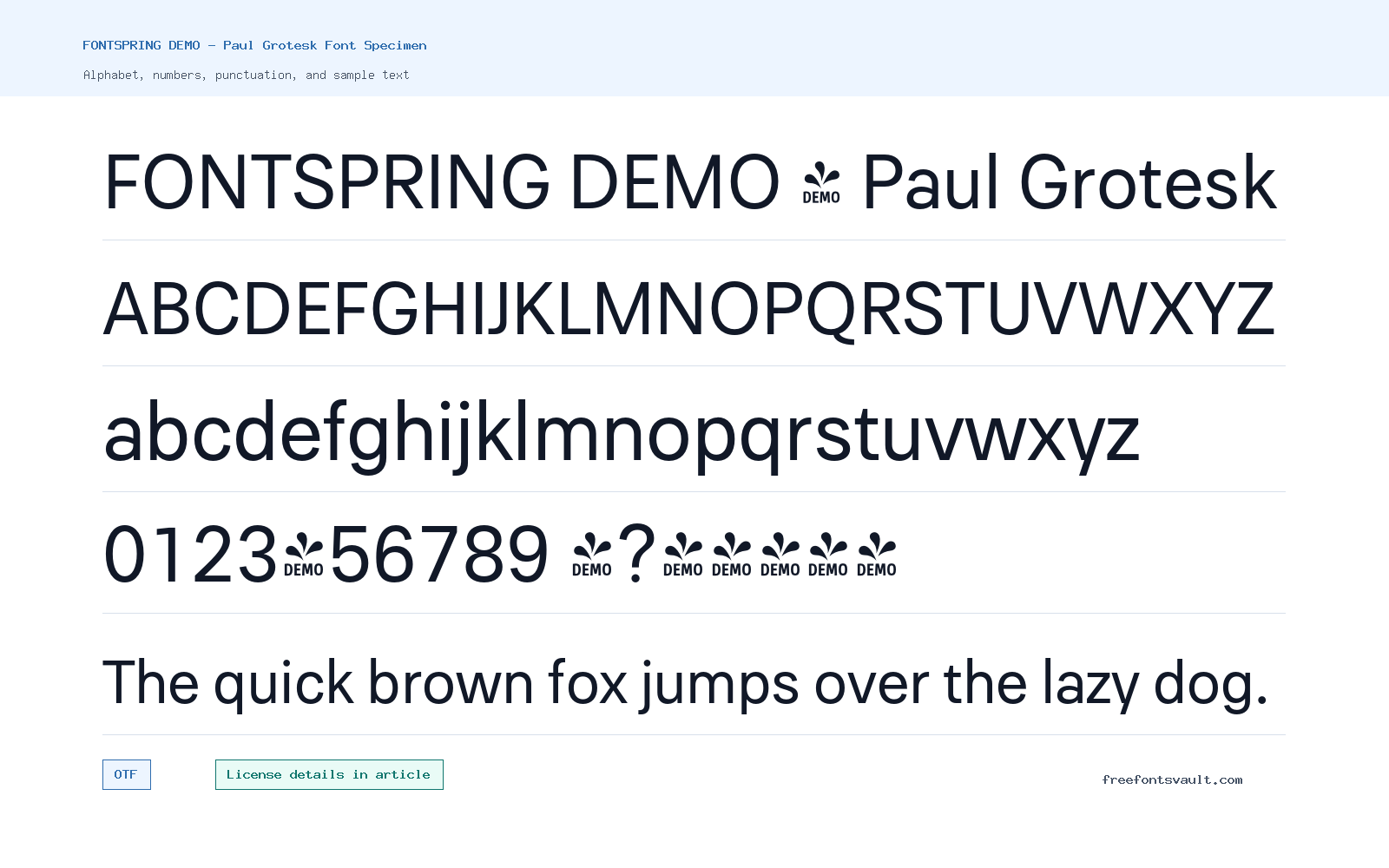 FONTSPRING DEMO - Paul Grotesk font specimen showing alphabet, numbers, and sample text