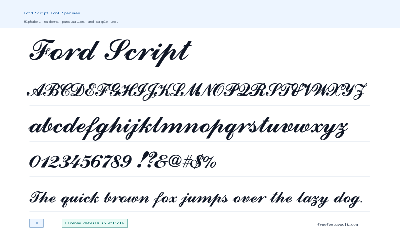 Ford Script font specimen showing alphabet, numbers, and sample text