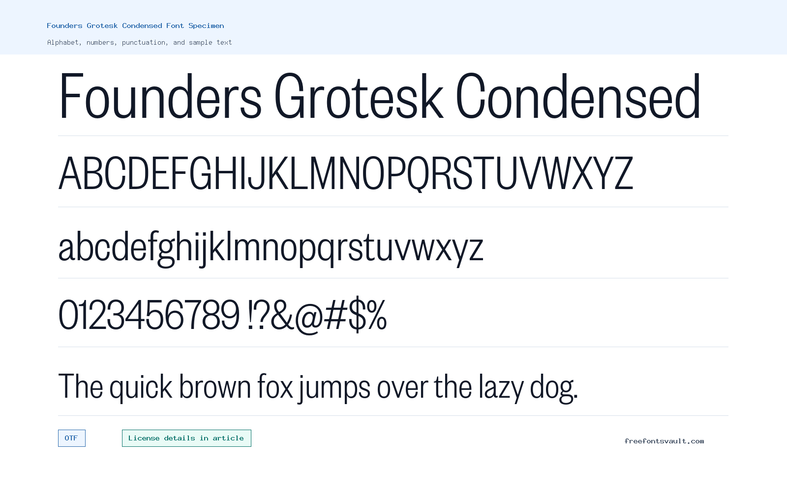 Founders Grotesk Condensed font specimen showing alphabet, numbers, and sample text