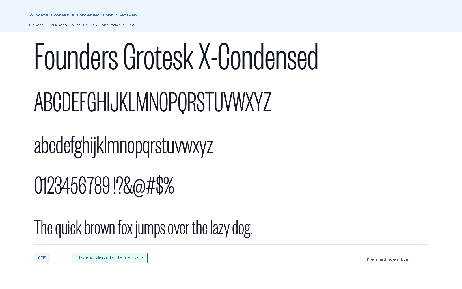 Founders Grotesk X-Condensed font specimen showing alphabet, numbers, and sample text