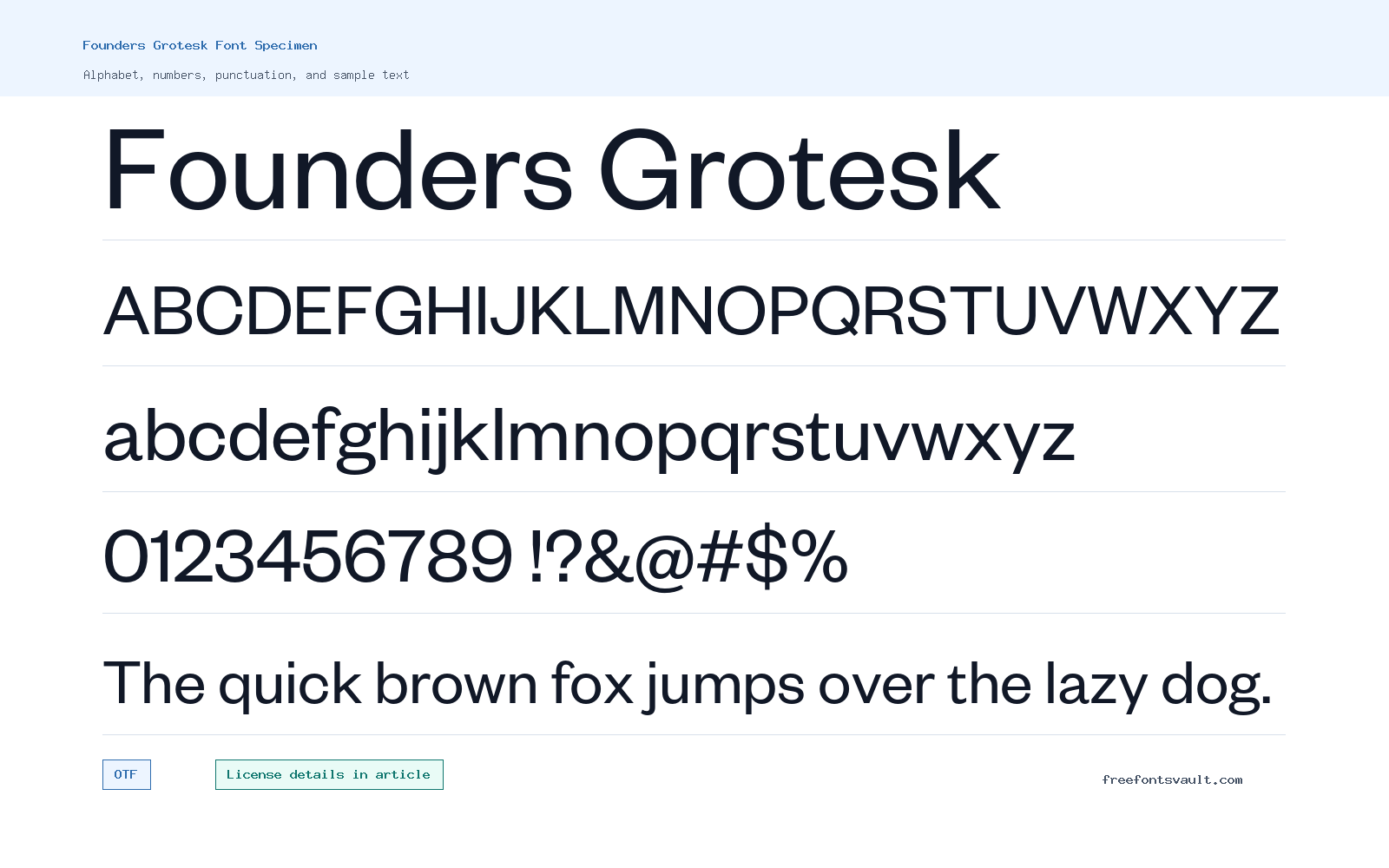 Founders Grotesk font specimen showing alphabet, numbers, and sample text