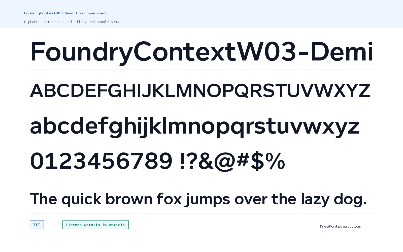 FoundryContextW03-Demi font specimen showing alphabet, numbers, and sample text