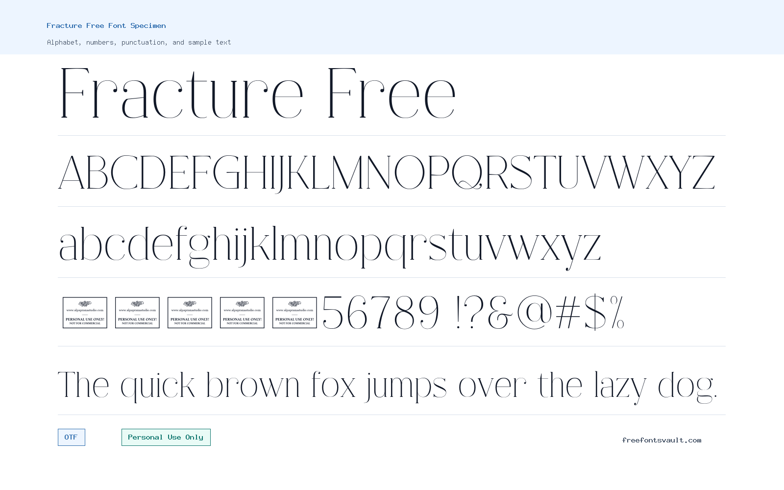 Fracture Free font specimen showing alphabet, numbers, and sample text