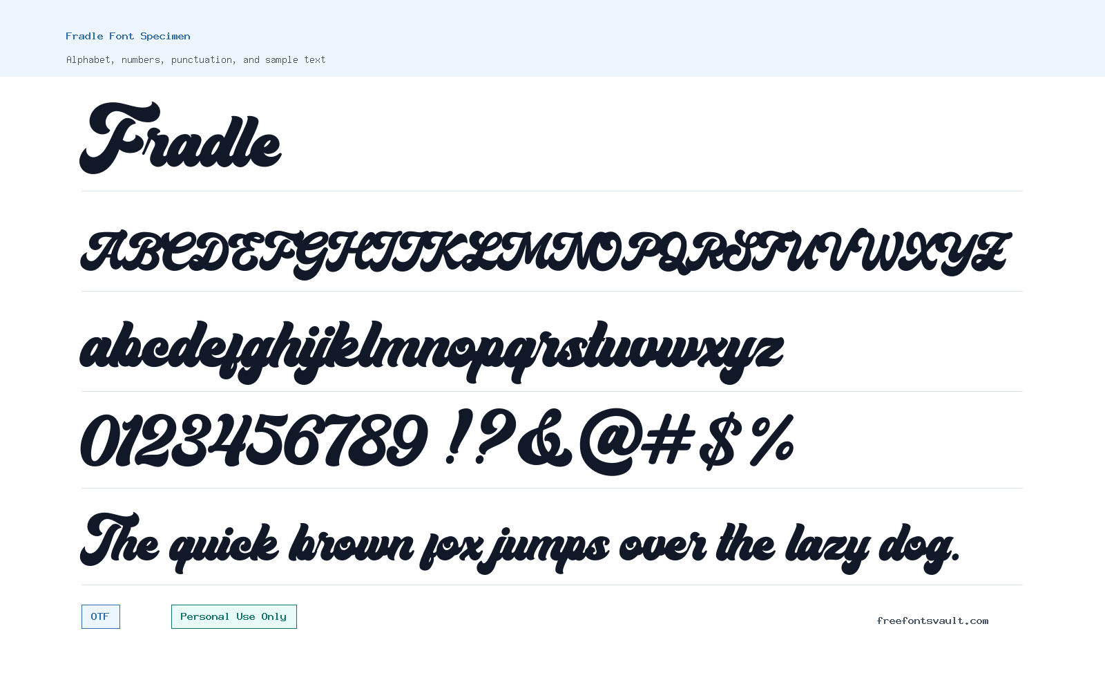Fradle font specimen showing alphabet, numbers, and sample text
