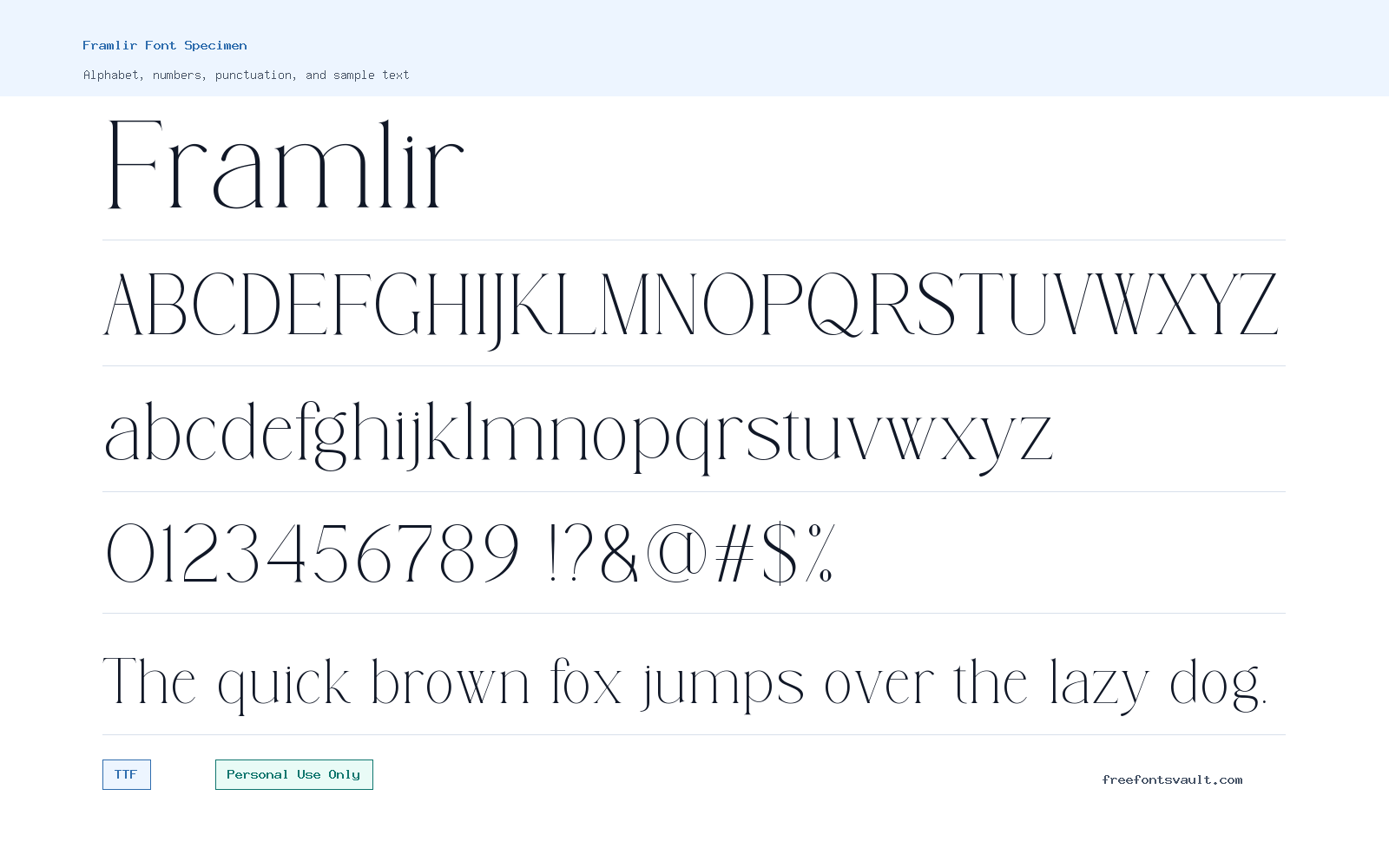 Framlir font specimen showing alphabet, numbers, and sample text