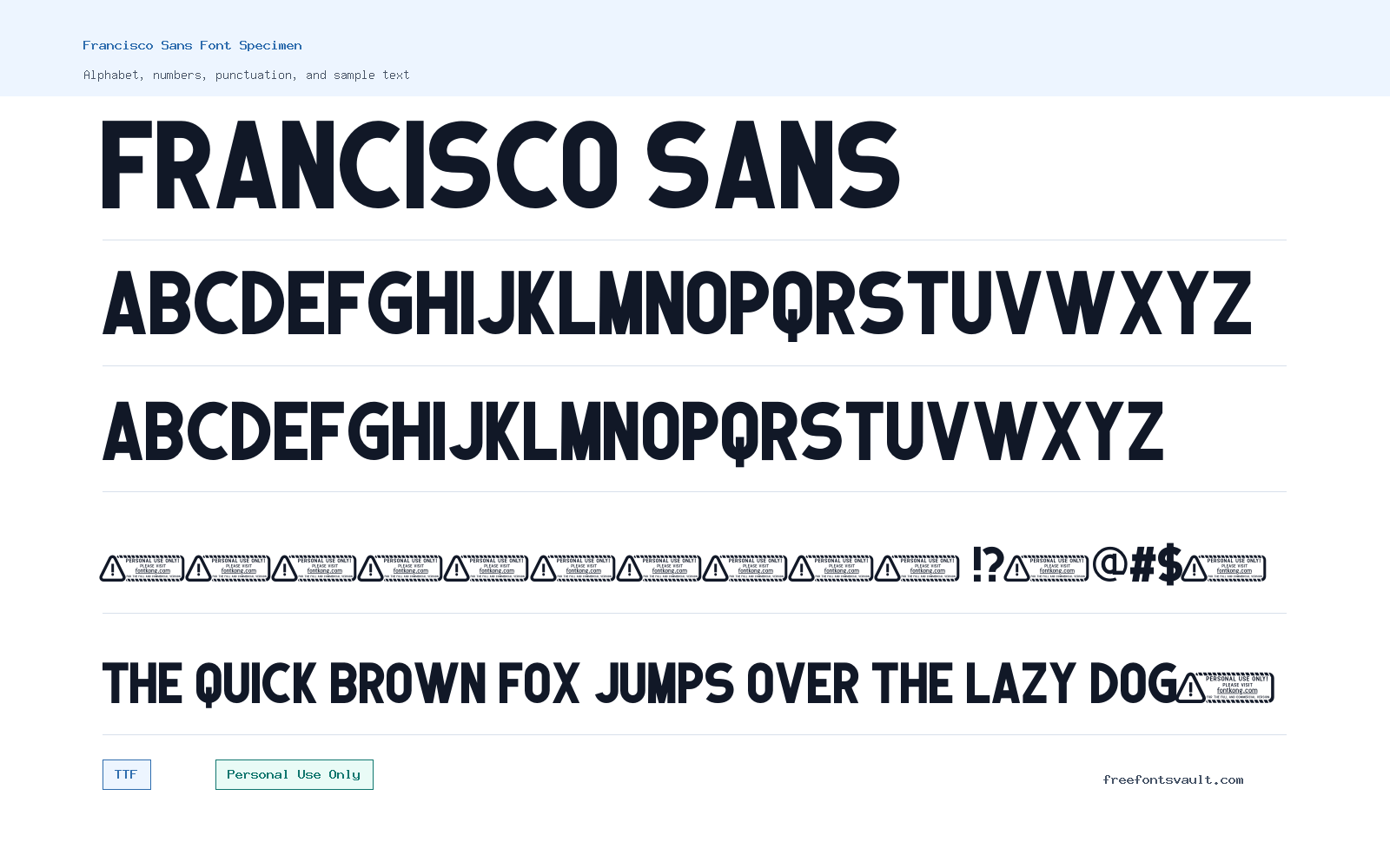 Francisco Sans font specimen showing alphabet, numbers, and sample text