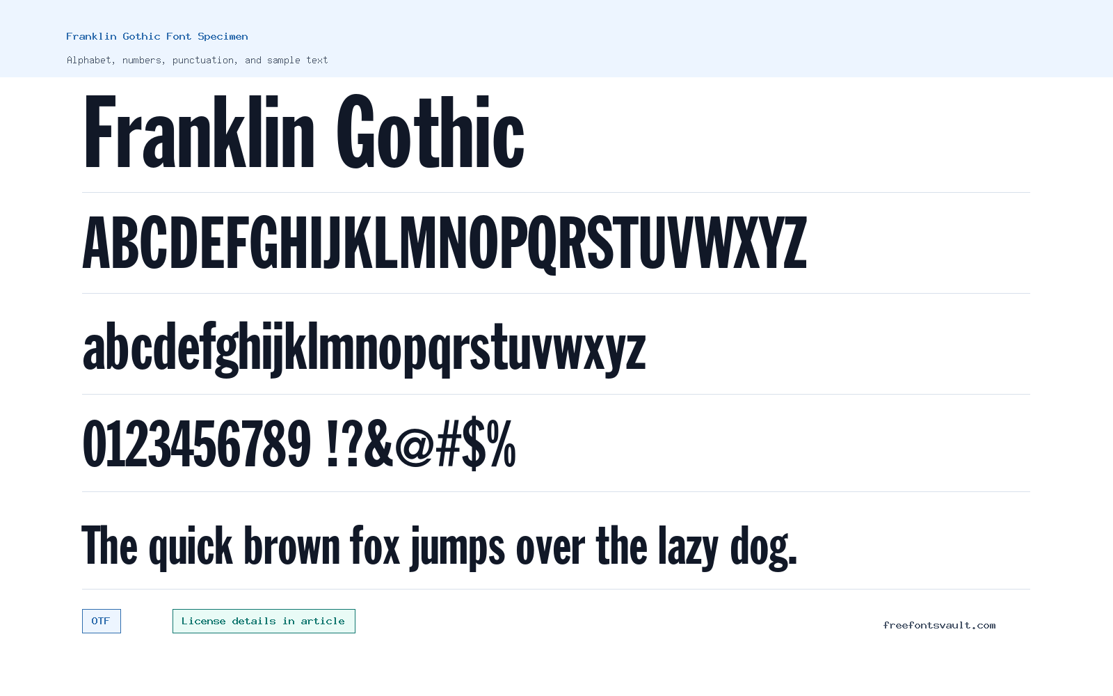 Franklin Gothic font specimen showing alphabet, numbers, and sample text