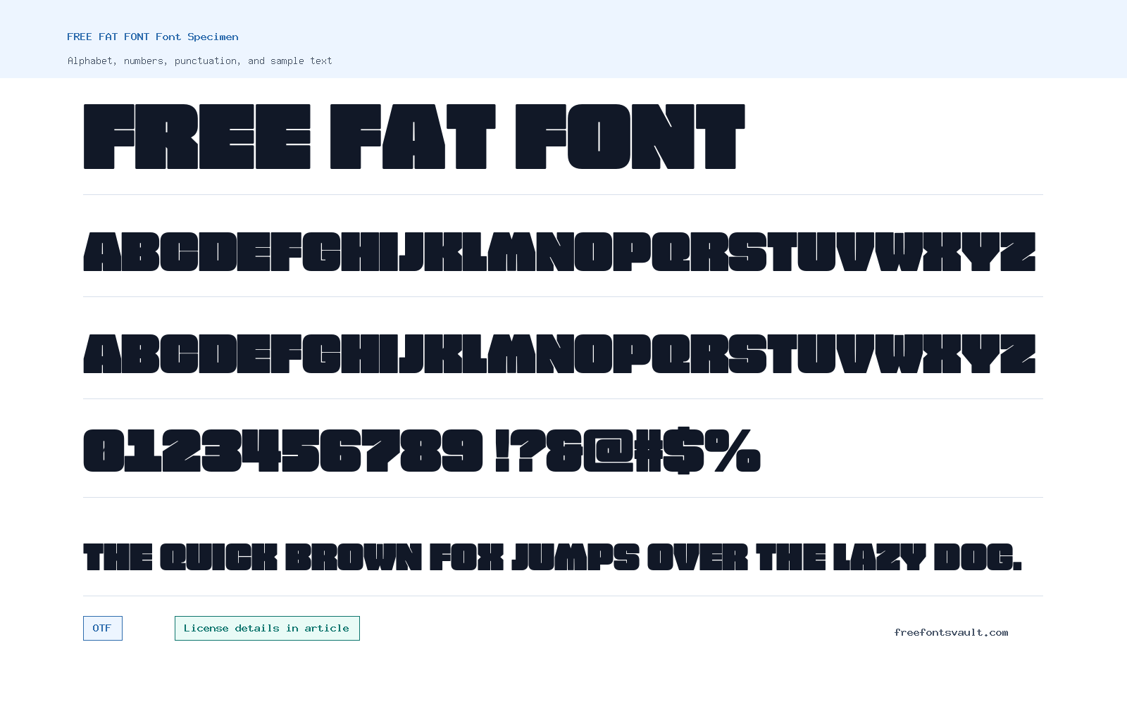 FREE FAT FONT font specimen showing alphabet, numbers, and sample text
