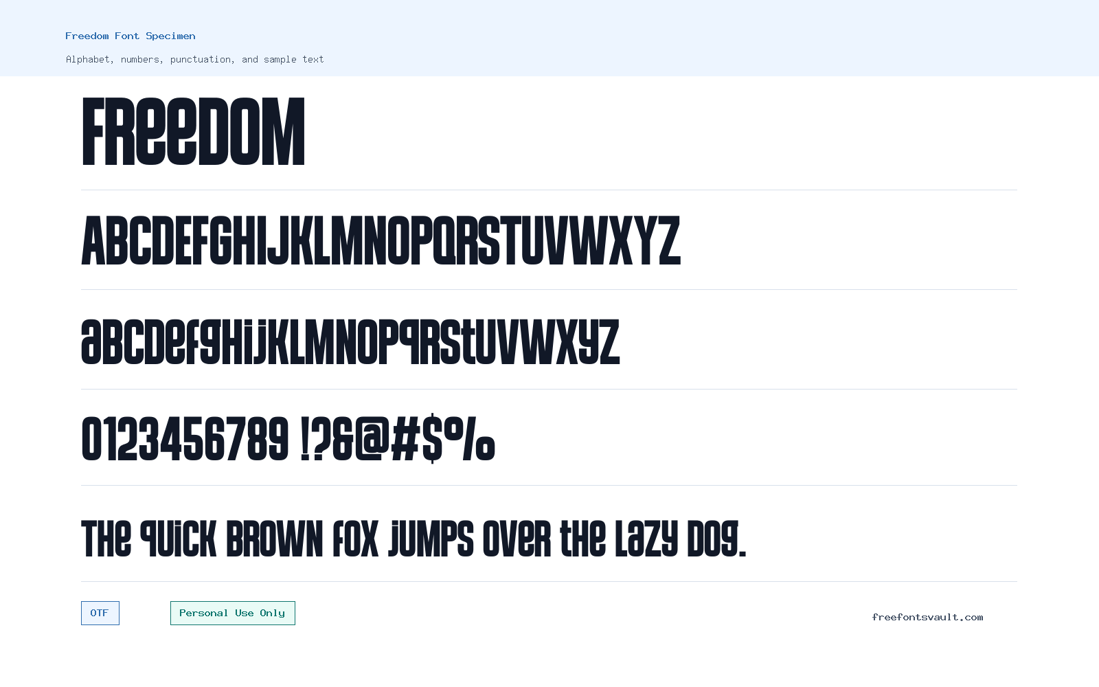 Freedom font specimen showing alphabet, numbers, and sample text