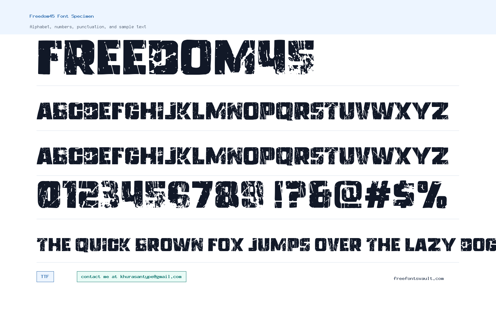 Freedom45 font specimen showing alphabet, numbers, and sample text