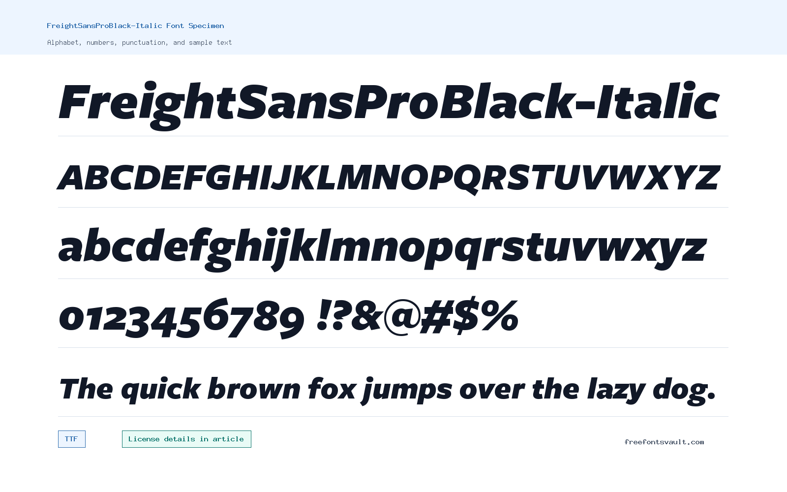FreightSansProBlack-Italic font specimen showing alphabet, numbers, and sample text