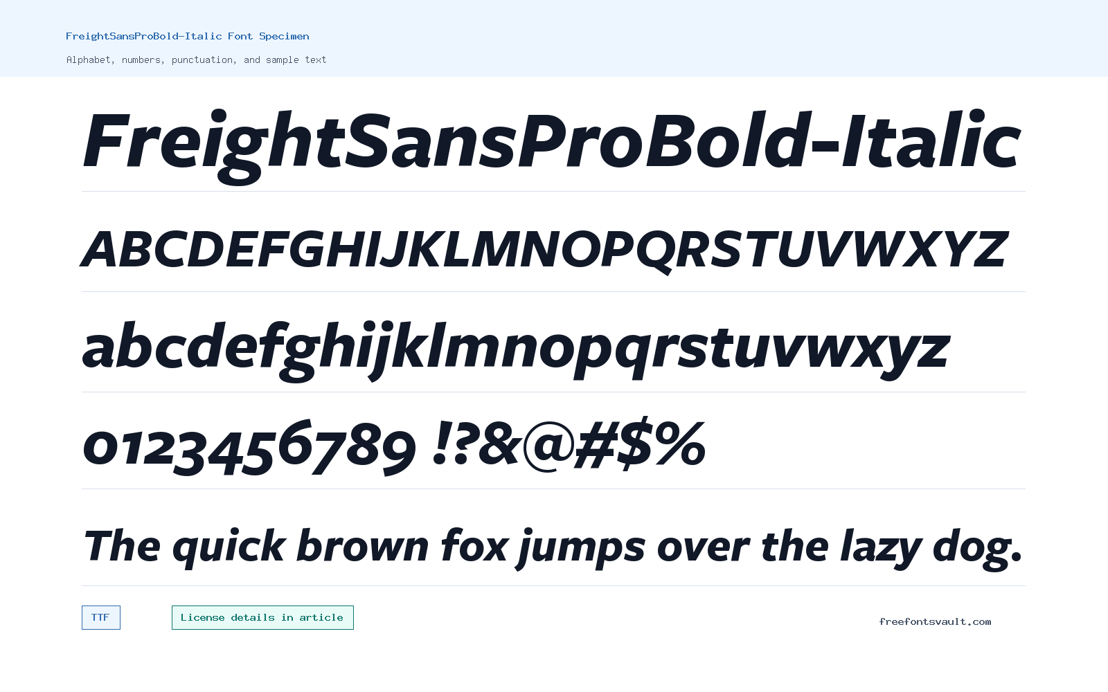 FreightSansProBold-Italic font specimen showing alphabet, numbers, and sample text