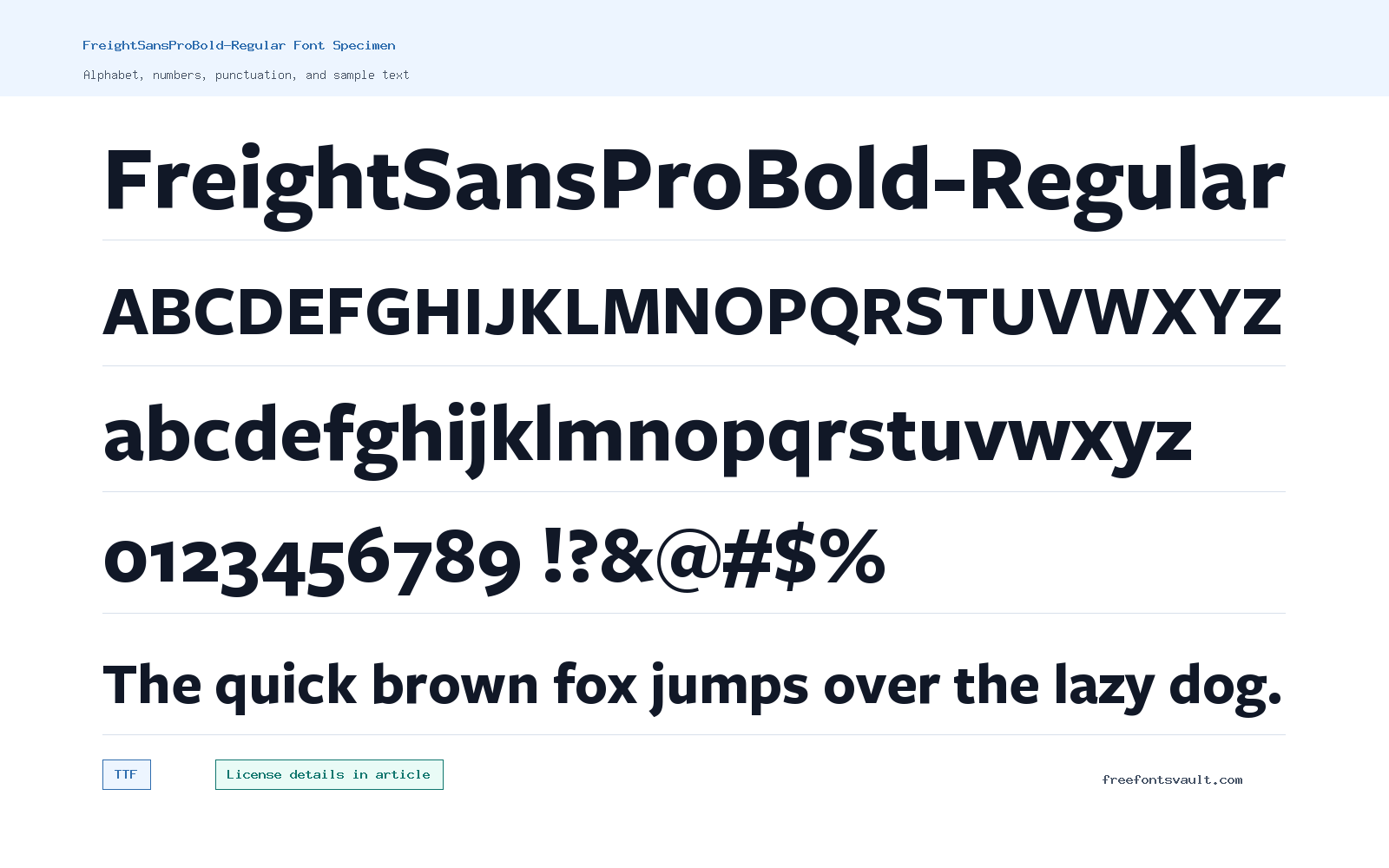 FreightSansProBold-Regular font specimen showing alphabet, numbers, and sample text