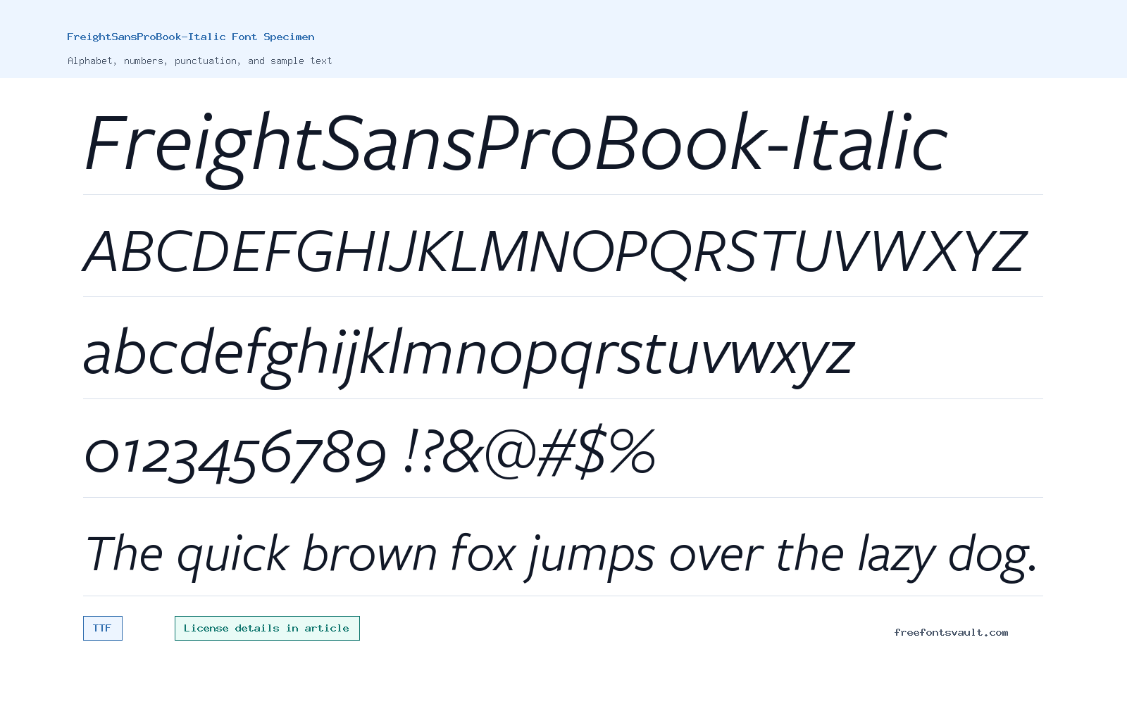 FreightSansProBook-Italic font specimen showing alphabet, numbers, and sample text