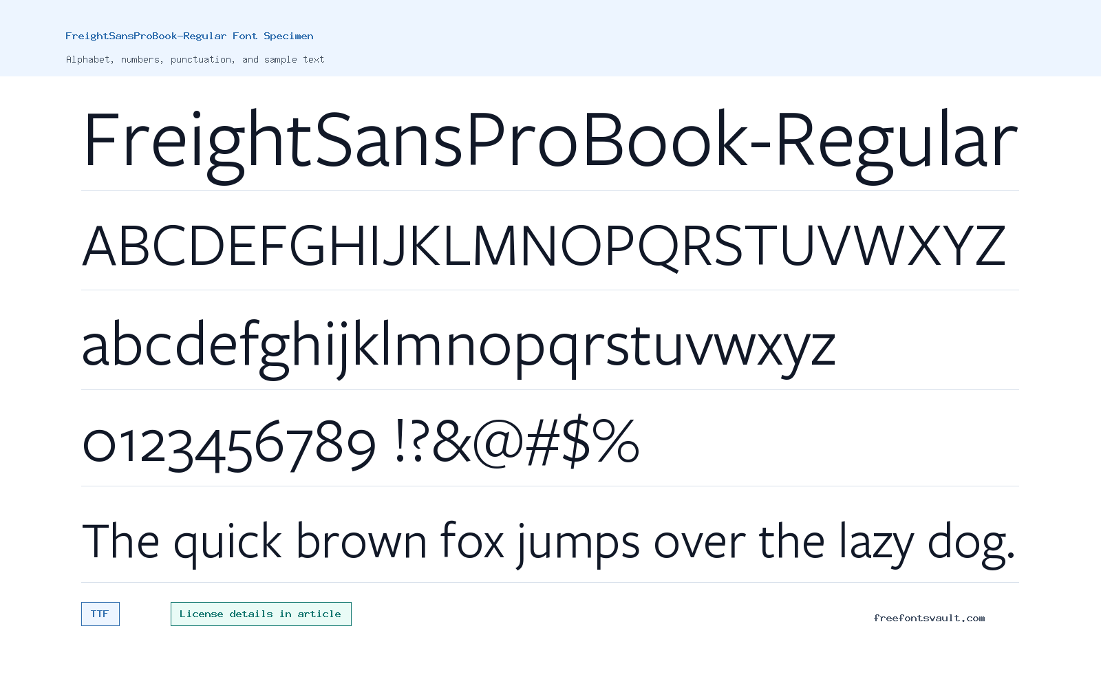 FreightSansProBook-Regular font specimen showing alphabet, numbers, and sample text