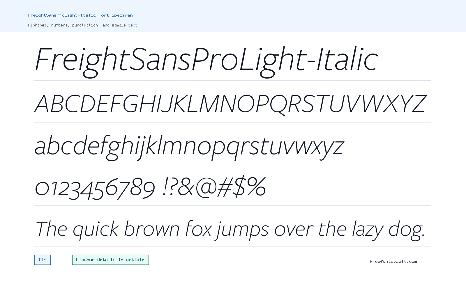 FreightSansProLight-Italic font specimen showing alphabet, numbers, and sample text