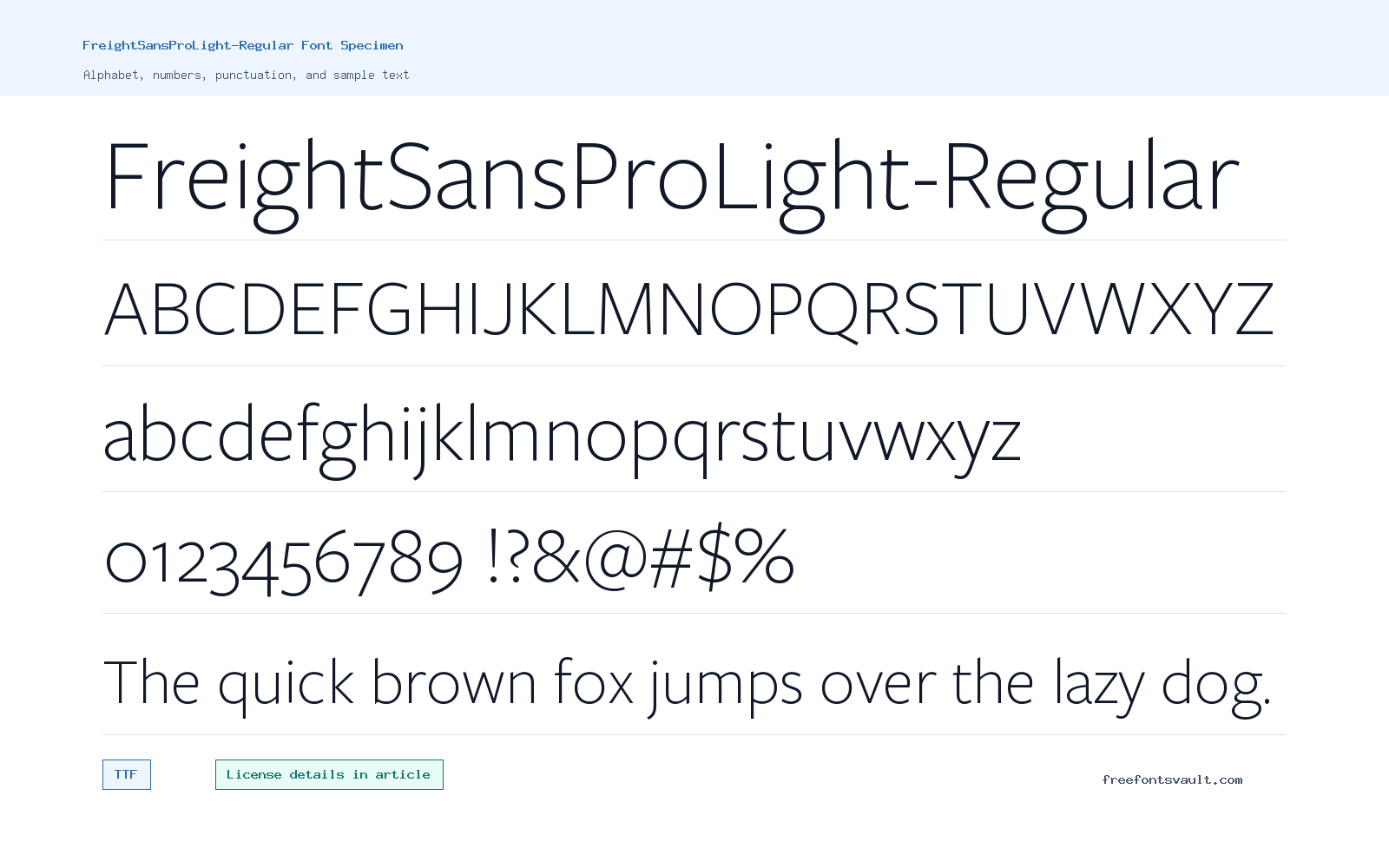 FreightSansProLight-Regular font specimen showing alphabet, numbers, and sample text