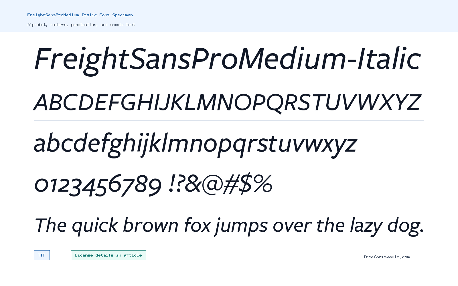 FreightSansProMedium-Italic font specimen showing alphabet, numbers, and sample text
