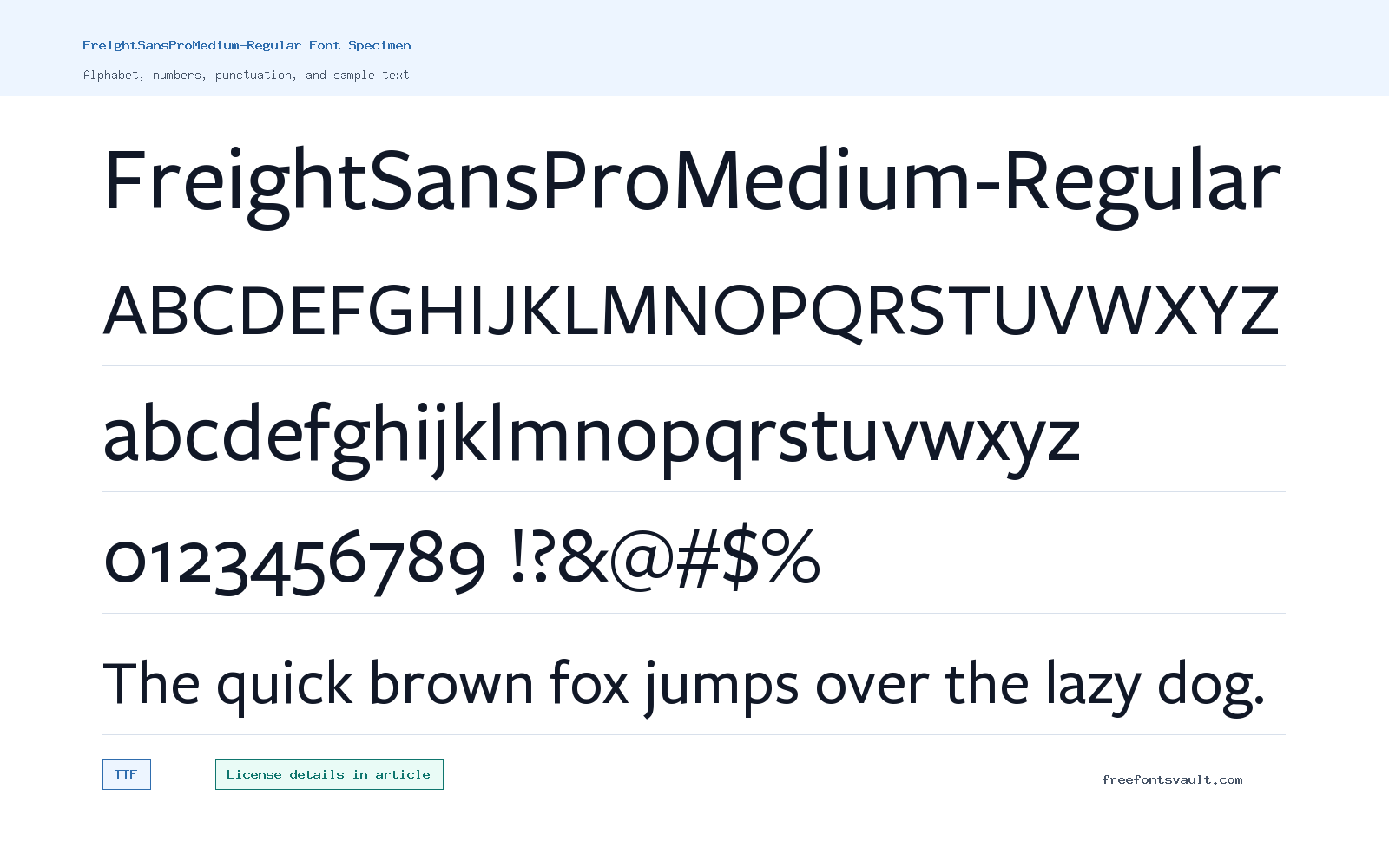 FreightSansProMedium-Regular font specimen showing alphabet, numbers, and sample text