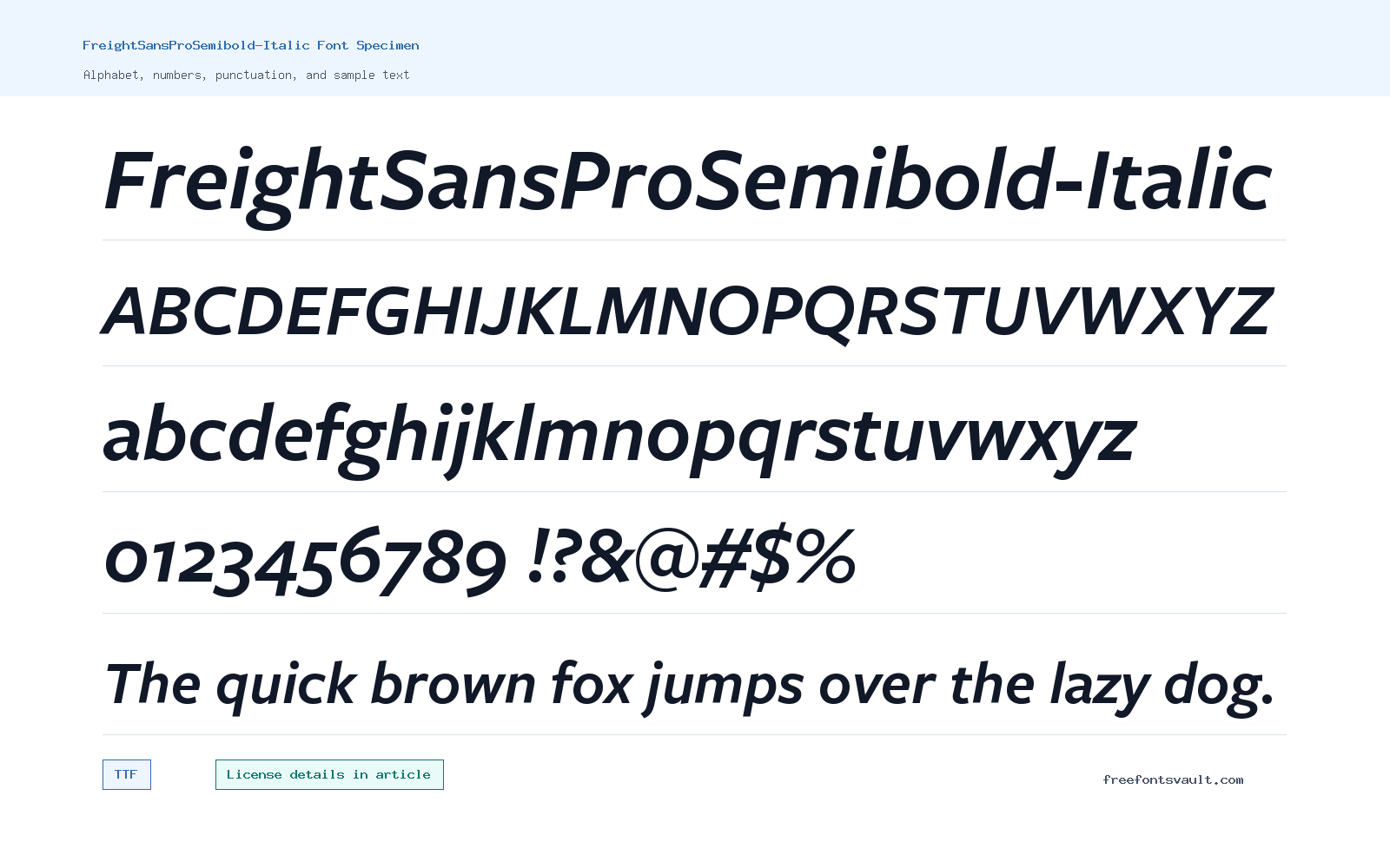 FreightSansProSemibold-Italic font specimen showing alphabet, numbers, and sample text