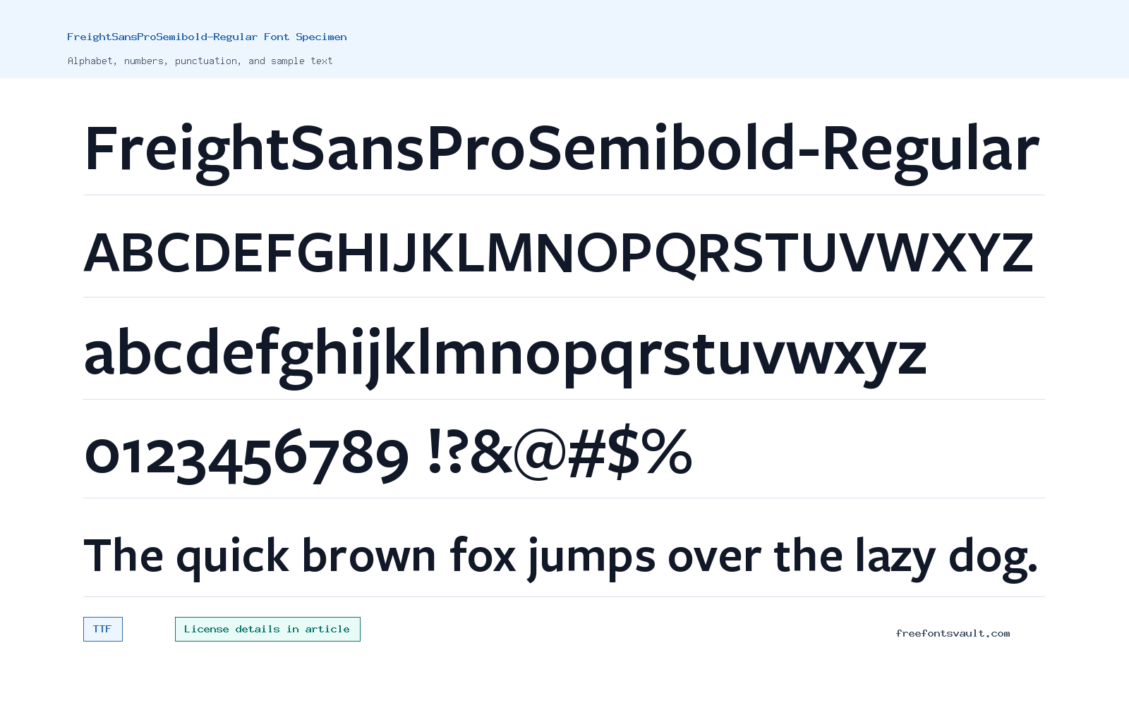 FreightSansProSemibold-Regular font specimen showing alphabet, numbers, and sample text