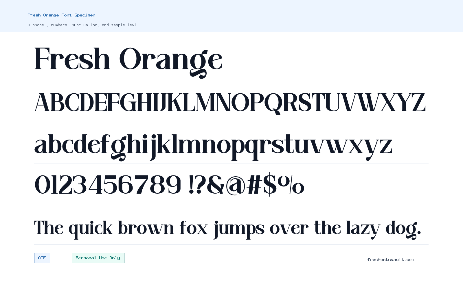 Fresh Orange font specimen showing alphabet, numbers, and sample text
