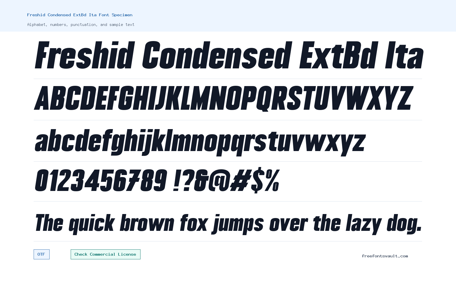 Freshid Condensed ExtBd Ita font specimen showing alphabet, numbers, and sample text