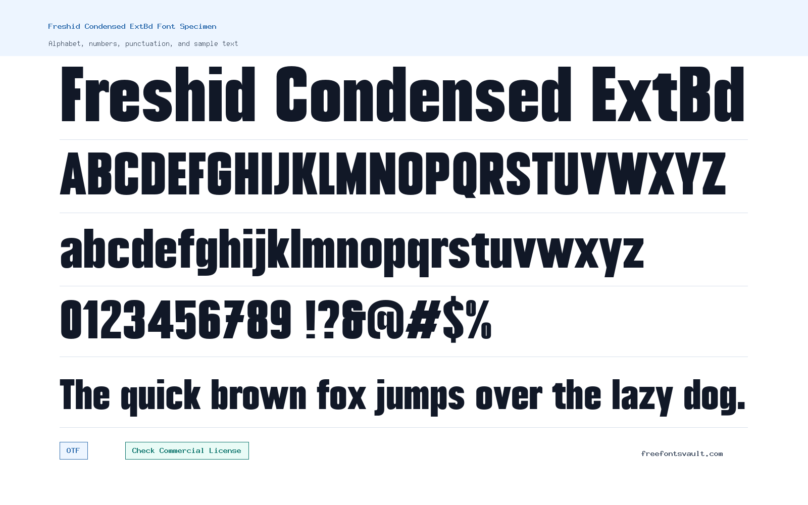 Freshid Condensed ExtBd font specimen showing alphabet, numbers, and sample text