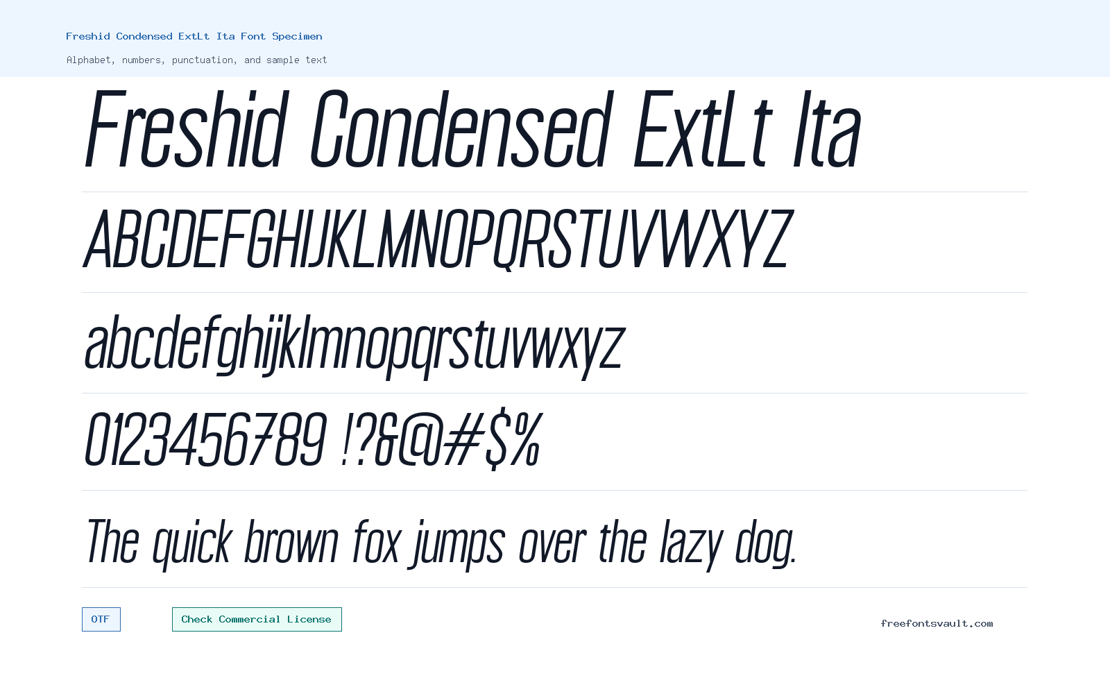 Freshid Condensed ExtLt Ita font specimen showing alphabet, numbers, and sample text