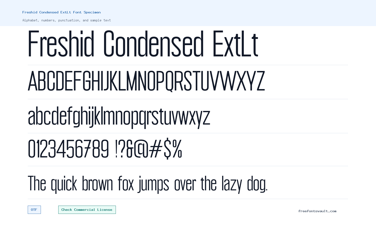Freshid Condensed ExtLt font specimen showing alphabet, numbers, and sample text