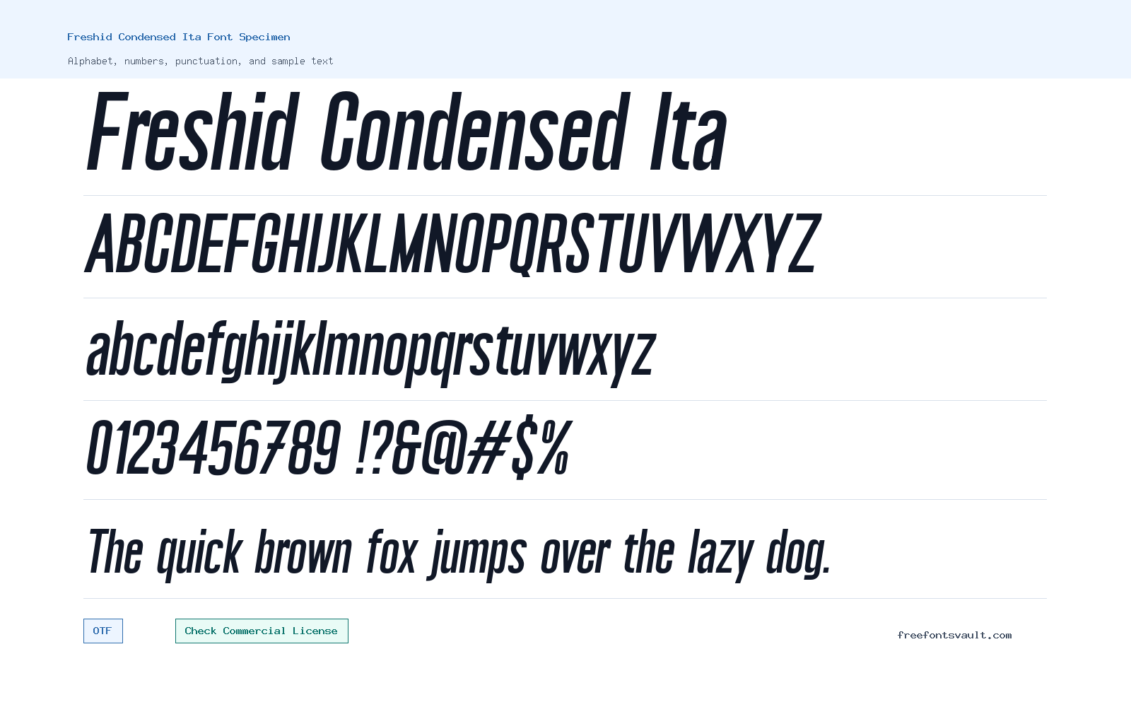 Freshid Condensed Ita font specimen showing alphabet, numbers, and sample text
