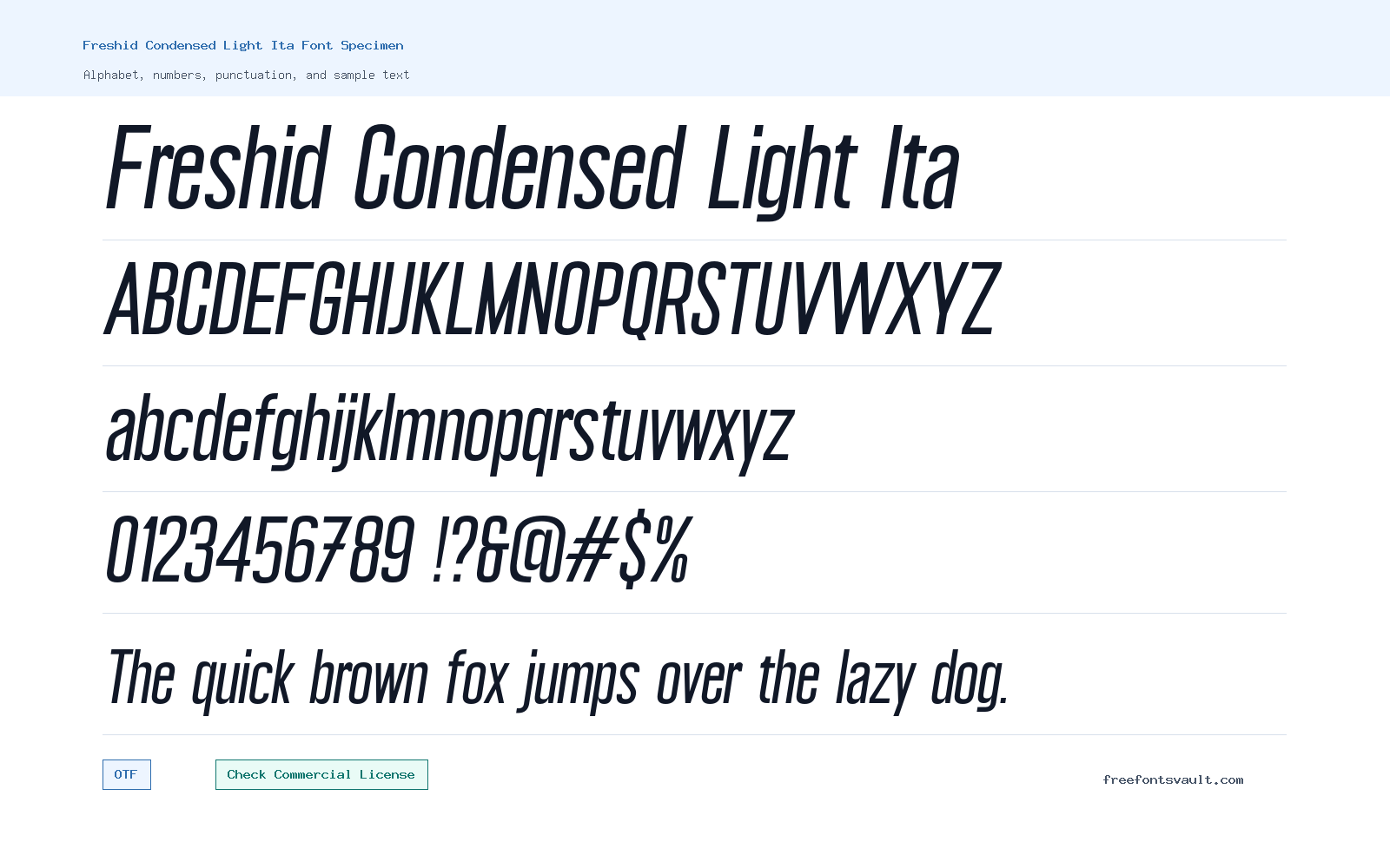 Freshid Condensed Light Ita font specimen showing alphabet, numbers, and sample text
